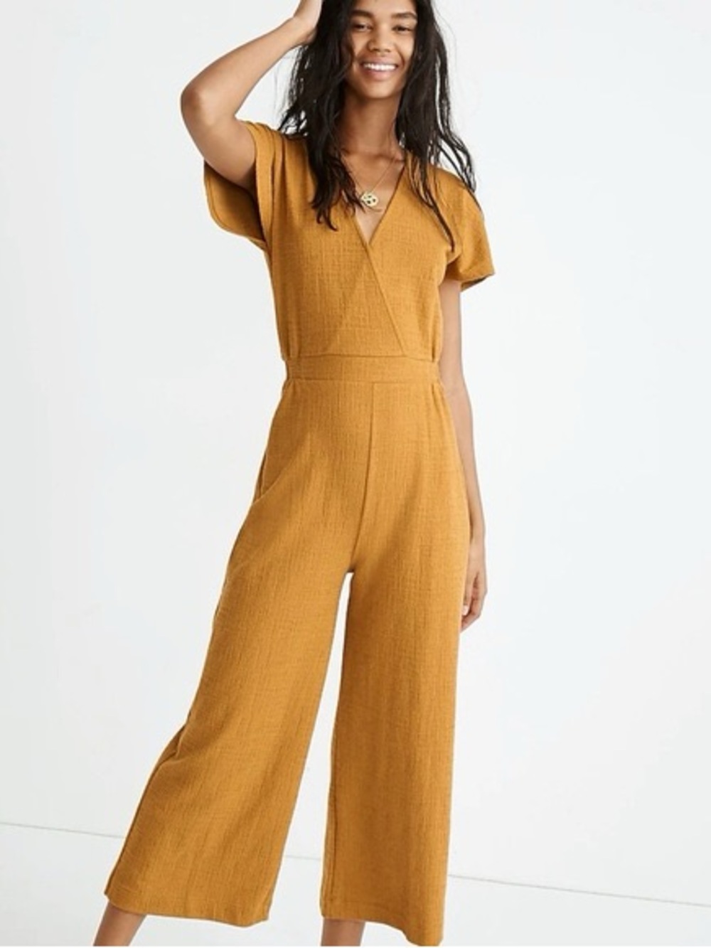 Madewell Texture & Thread Wide-Leg Wrap Jumpsuit S Mustard Antique Gold